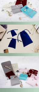Selection of velvet jewelry pouches in multiple colors with snap buttons and drawstrings