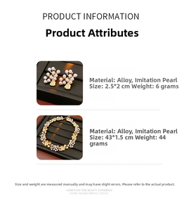 Detail view of vintage flower pearl jewelry set with alloy leaf earrings and necklace specs