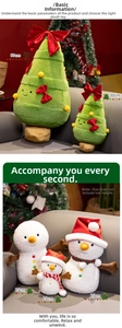 Detailed plush Christmas tree and snowman doll with size specifications in a cozy home setting