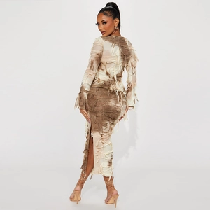 Brown tie-dye knitted maxi dress with tassel distressing and long sleeves in back view