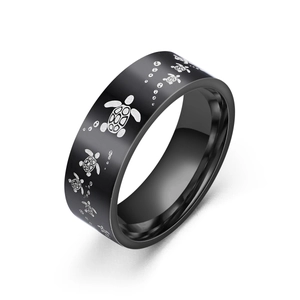 Men's wide stainless steel turtle ring with black finish and silver turtle engraving