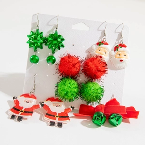 Six-piece Christmas earring set with Santa Claus, bells and pom-poms on display card