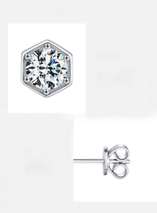 Detail view of D color VVS1 moissanite studs in 925 sterling silver hexagon settings