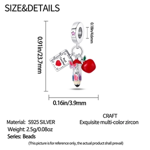 Detail showing S925 silver teacher charm dimensions with book and pencil charms