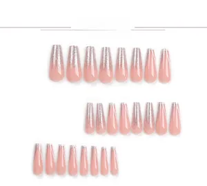 Detailed set of 24 long coffin press-on nails with pink silver glitter gradient finish