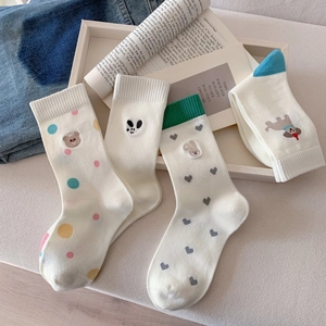 Pack of white cotton crew socks featuring cute cartoon bear and puppy embroidery designs