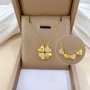 Foldable Heart Four Leaf Clover Pendant Necklace Stainless Steel Copper With Cubic Zirconia Dual Style Jewelry For Women