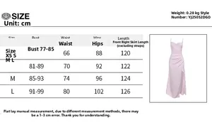 Detailed size chart for satin slip dress showing measurements in cm for sizes XS to L