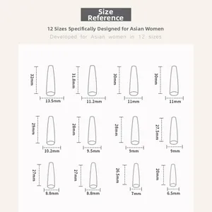 Detailed size chart for press-on nails featuring 12 sizes with precise measurements in mm