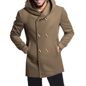 Detail view of khaki slim fit hooded trench coat with double-breasted buttons for men