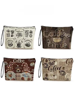Four different coffee-themed printed storage bags with durable zippers and wrist straps