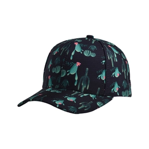 Detail of black baseball cap featuring green cactus print and high-quality fabric texture