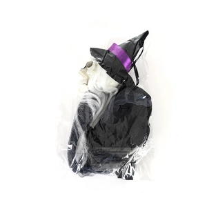 Hanging Halloween skeleton ghost with long white hair and black wizard hat in packaging