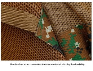 Macro detail of reinforced stitching on camouflage backpack strap for durability