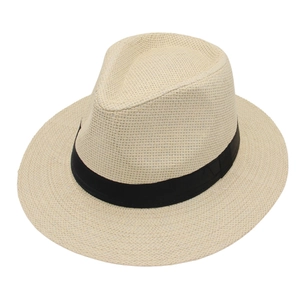 Chapeau Panama classique en paille beige pour homme avec ruban noir, style jazz solaire