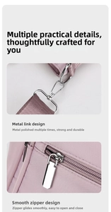 Detail of premium silver hardware hooks and smooth metal zippers on oxford fabric bag