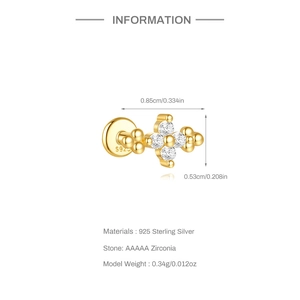 Detailed view of gold cross star earring with S925 mark and AAAAA zirconia measurements