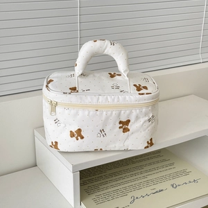 Cute cartoon bear printed makeup bag with polka dots and thick top handle storage