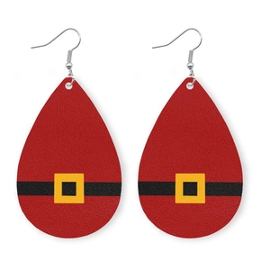 Christmas teardrop leather earrings featuring a festive Santa belt design with red texture