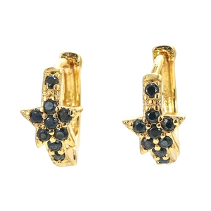 Golden star-shaped hoop earrings with micro-set black zircon stones for women