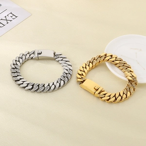 Bracelet cubain en acier inoxydable plaqué or 18 carats avec diamants micro-pavé chic