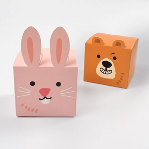Cute pink rabbit and orange bear square paper gift boxes for candy or socks packaging
