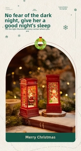 Detail of red vintage telephone booth lantern with Santa Claus and festive warm lighting
