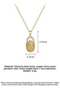 Detail of gold titanium steel necklace with Virgin Mary pendant and cubic zirconia