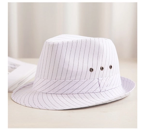 Detail view of the white pinstripe jazz hat featuring metallic ventilation eyelets