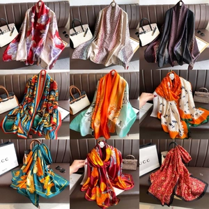 Collage showcasing various colorful silk scarves with floral and geometric patterns