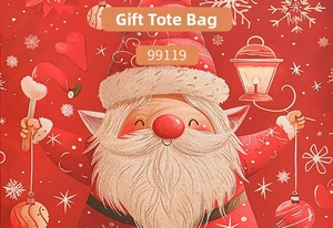 Close-up of festive red Santa Claus gift bag with glittery snowflakes and star patterns