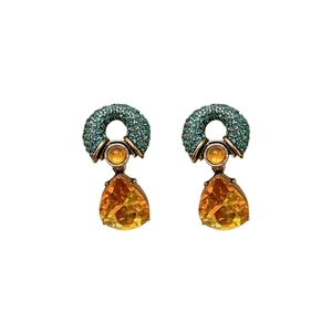 Vintage palace style drop earrings with bronze circles, teal rhinestones and yellow gems