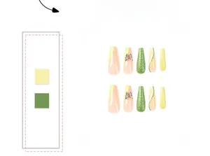 Detail of French green tip press-on nails with 3D butterfly charms and glitter gradient