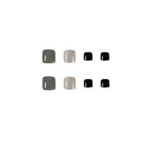 Morandi colors press-on toenails in gray, silver glitter and glossy black finish