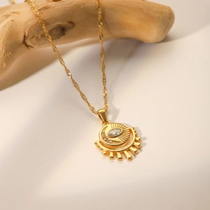 Vintage French gold evil eye necklace with zircon sunburst and crescent moon pendant
