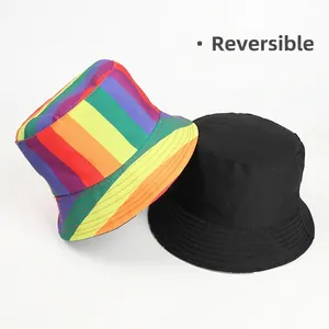 Reversible bucket hat with rainbow stripes and classic black side for sun protection