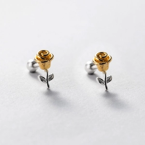 Elegant two-tone rose stud earrings with gold petals and S925 silver stem and screw backs