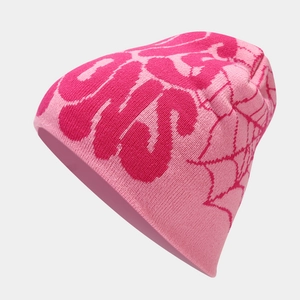 Pink jacquard knit beanie for men and women with abstract geometric patterns for winter