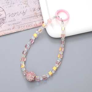 Pink and clear faceted square beaded phone lanyard with a durable plastic clip