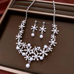 French luxury flower jewelry set with sparkling rhinestones and white pearls