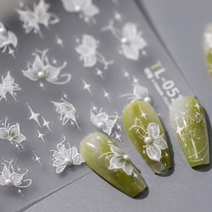 TL-052 5D embossed nail stickers featuring 3D white butterfly, flower designs, and pearls