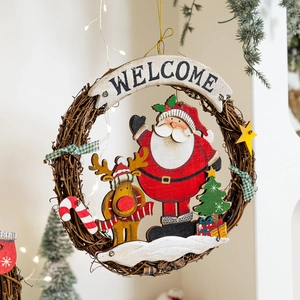 Christmas rattan wreath with wooden Santa, reindeer, and Welcome sign for wall decor
