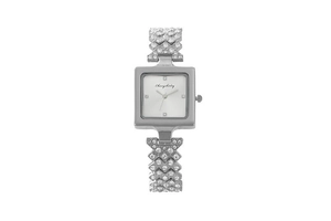 Macro detail of silver square watch with diamond-encrusted crisscross bracelet strap