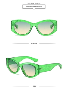 Detailed views of translucent green cat-eye sunglasses with glitter finish and brown lenses