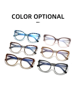 Flat lay display of multi-color cat-eye glasses frames in blue pink and tortoise