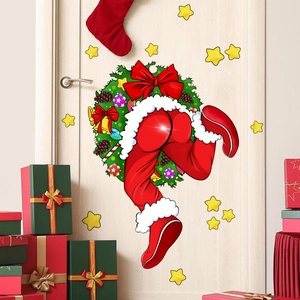 Stickers Père Noël drôles sur porte en bois pour décoration de fête à la maison