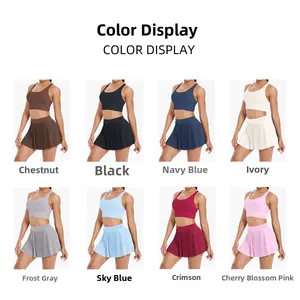 Color display of women's yoga sets including sports bras and tennis skirts in 8 vibrant hues