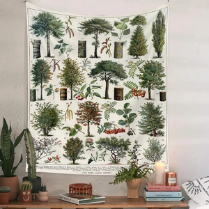 Detailed botanical vintage tree illustration on hanging tapestry for home decor