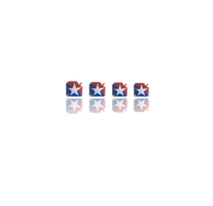 Detailed view of short square press-on toenails with Independence Day star and dot patterns