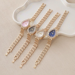 Elegant water drop quartz watch for women with rhinestone bezel and gold metal chain strap